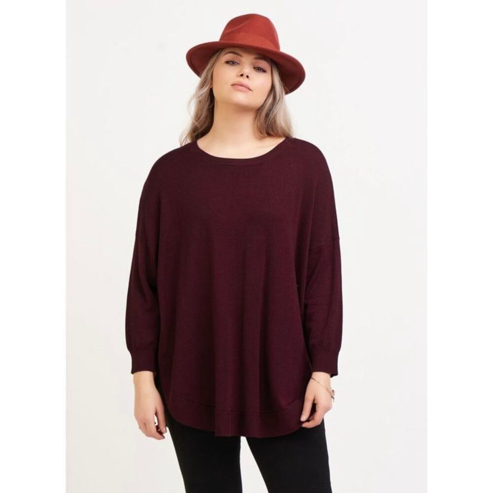 Black Tape_ Size 2X Burgundy Round Neck Long Sleeve Cuffed Stretch Sweater